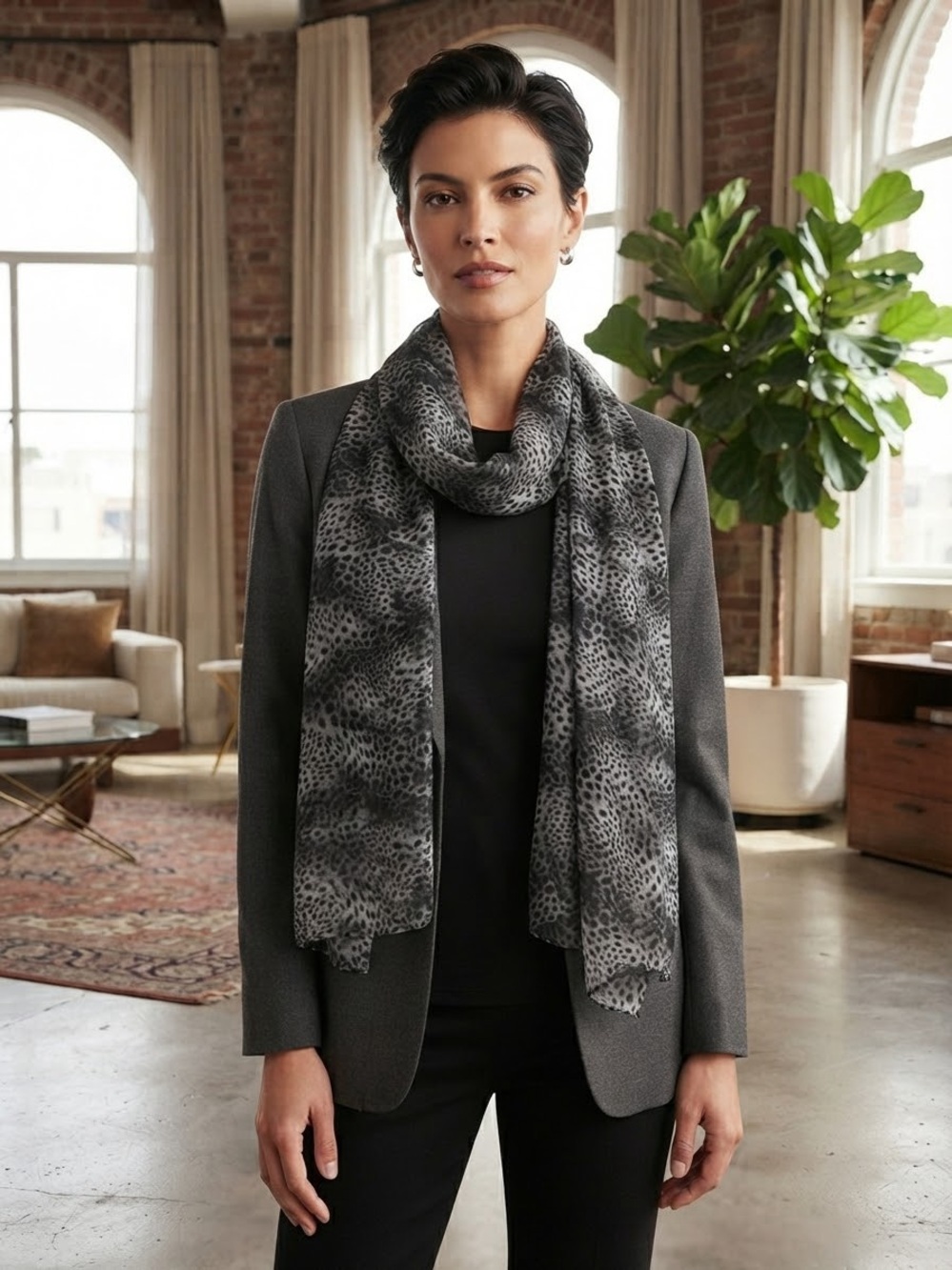 Women's Gray Animal-Print Scarf - Elegant Layering